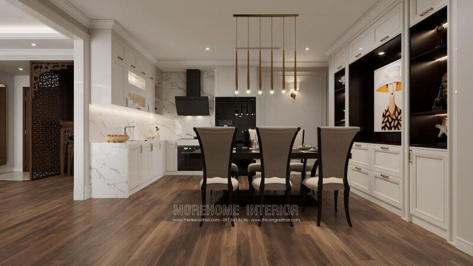 Mẫu thiết kế phòng bếp liền bếp khu vực ăn uống thật độc đáo lạ mắt. Nội thất tại không gian này được bố trí rất hợp lý tạo cho không cảm thấy ngột ngạt chật chội